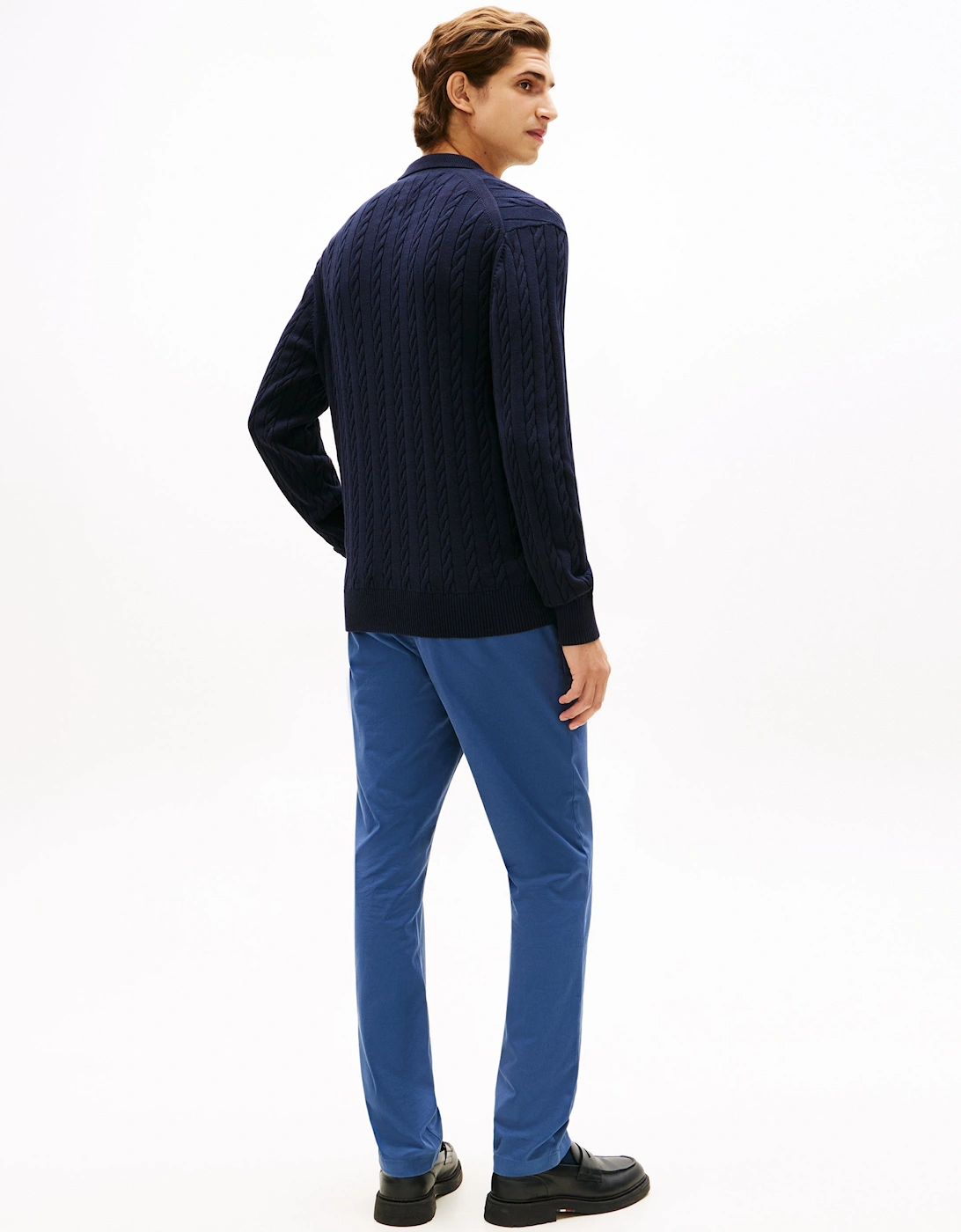 Classic Cotton Cable Mens Long Sleeve Polo - Desert Sky