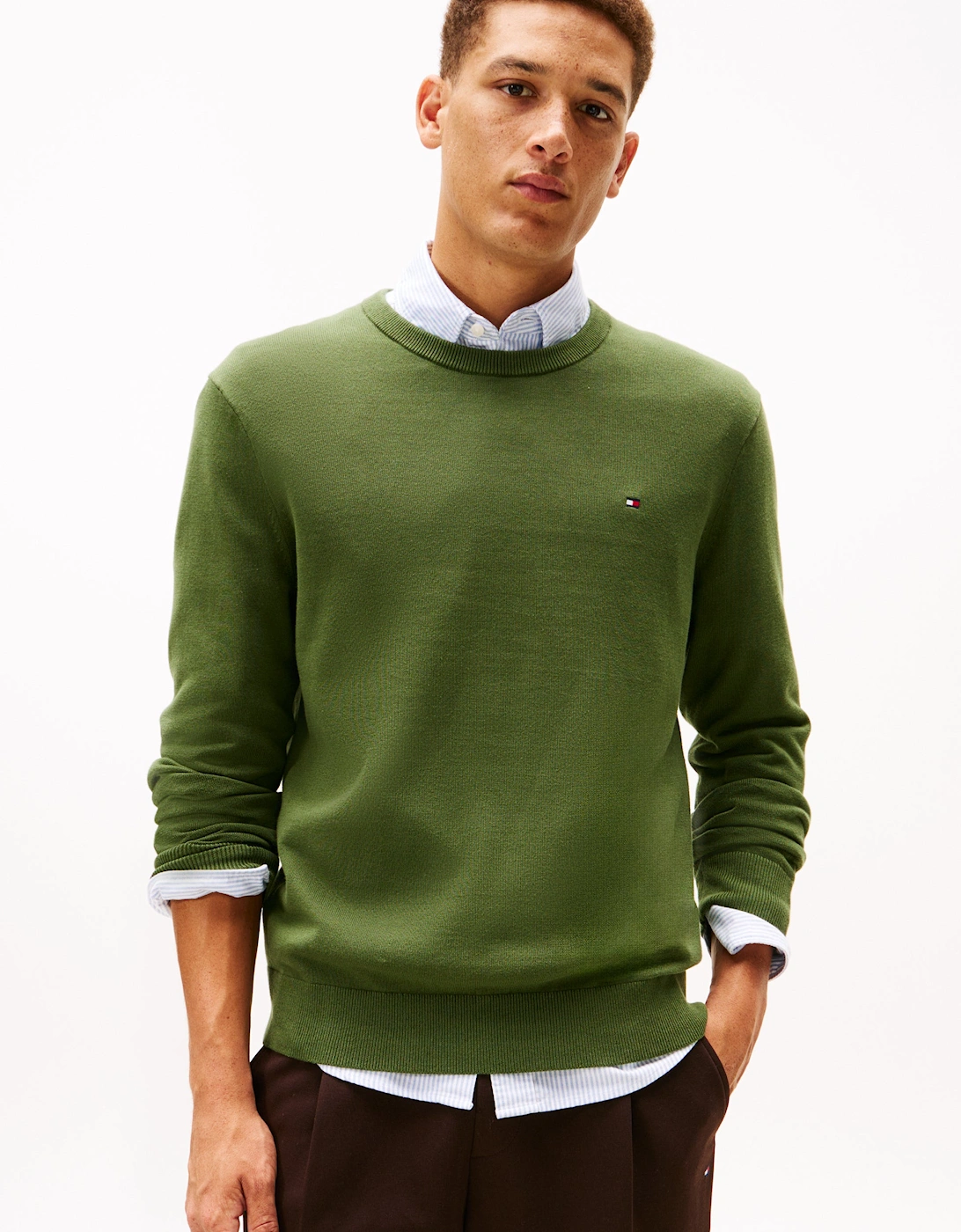 Tommy Hilfiger Men's Tan Essential Cotton Crew Neck Sweatshirt - Mountain Pine  38 M
