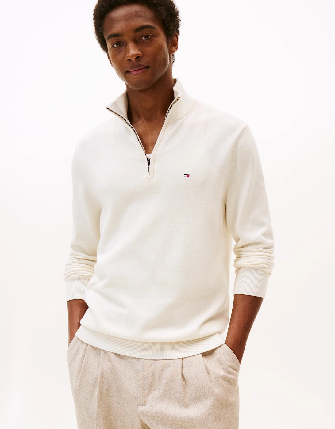 Tommy Hilfiger Men's White Essential Cotton 1/4 Zip Mock Sweatshirt - Ivory Petal  42 Xl