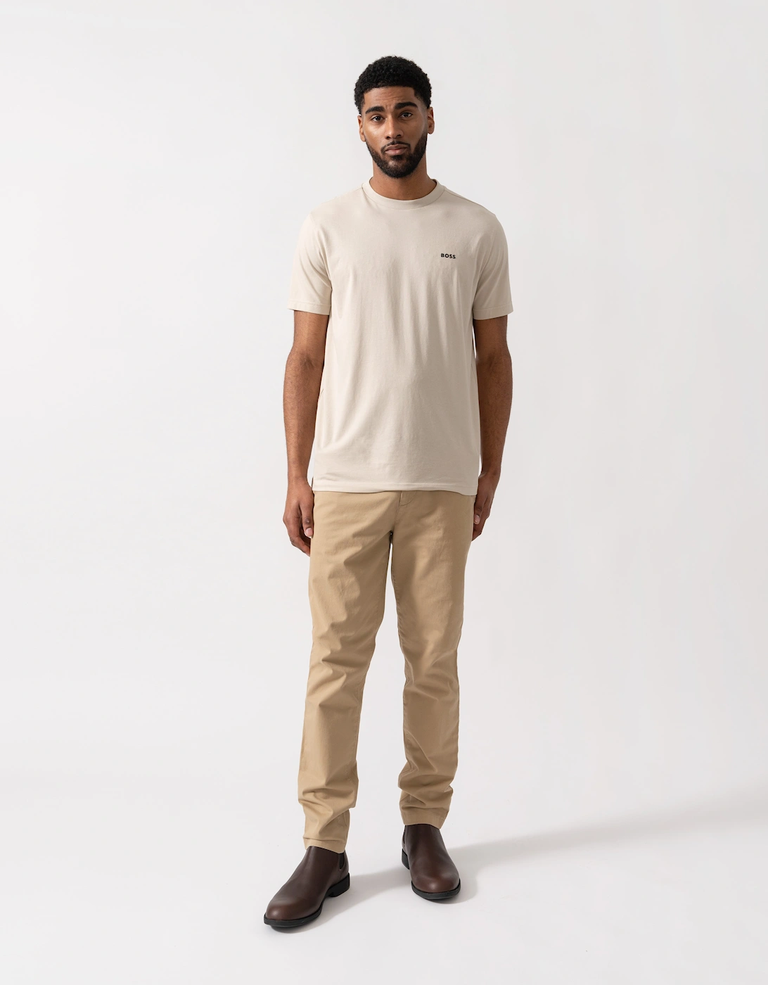 BOSS Green Mens Tee Stretch Cotton T-Shirt with Contrast Logo - Light Beige 275