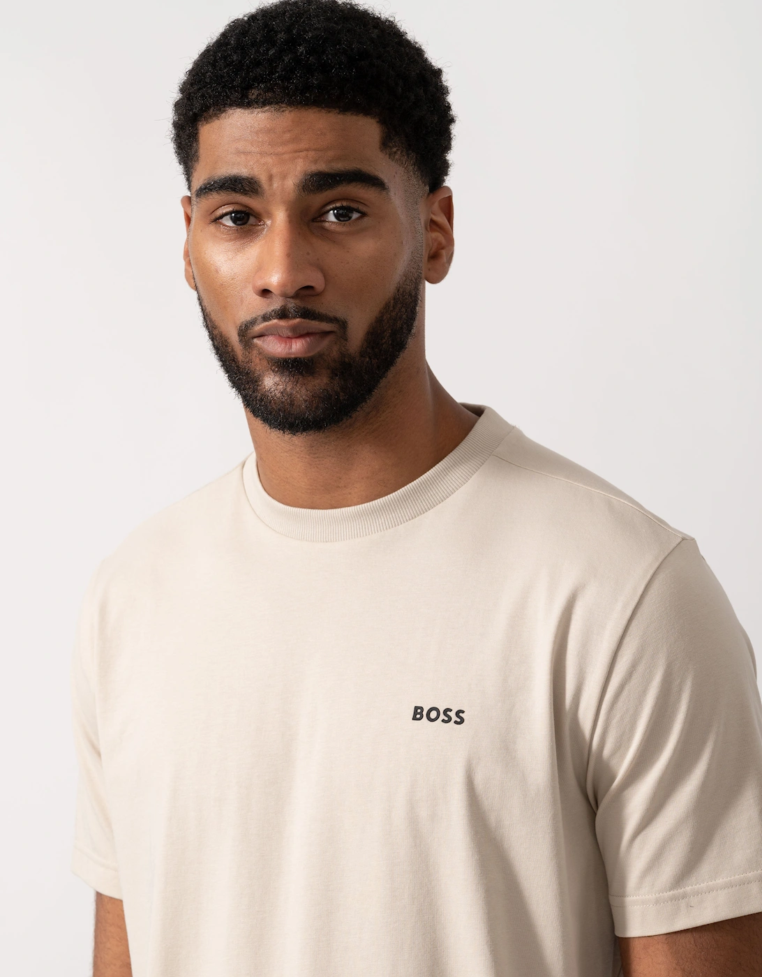 BOSS Green Mens Tee Stretch Cotton T-Shirt with Contrast Logo - Light Beige 275
