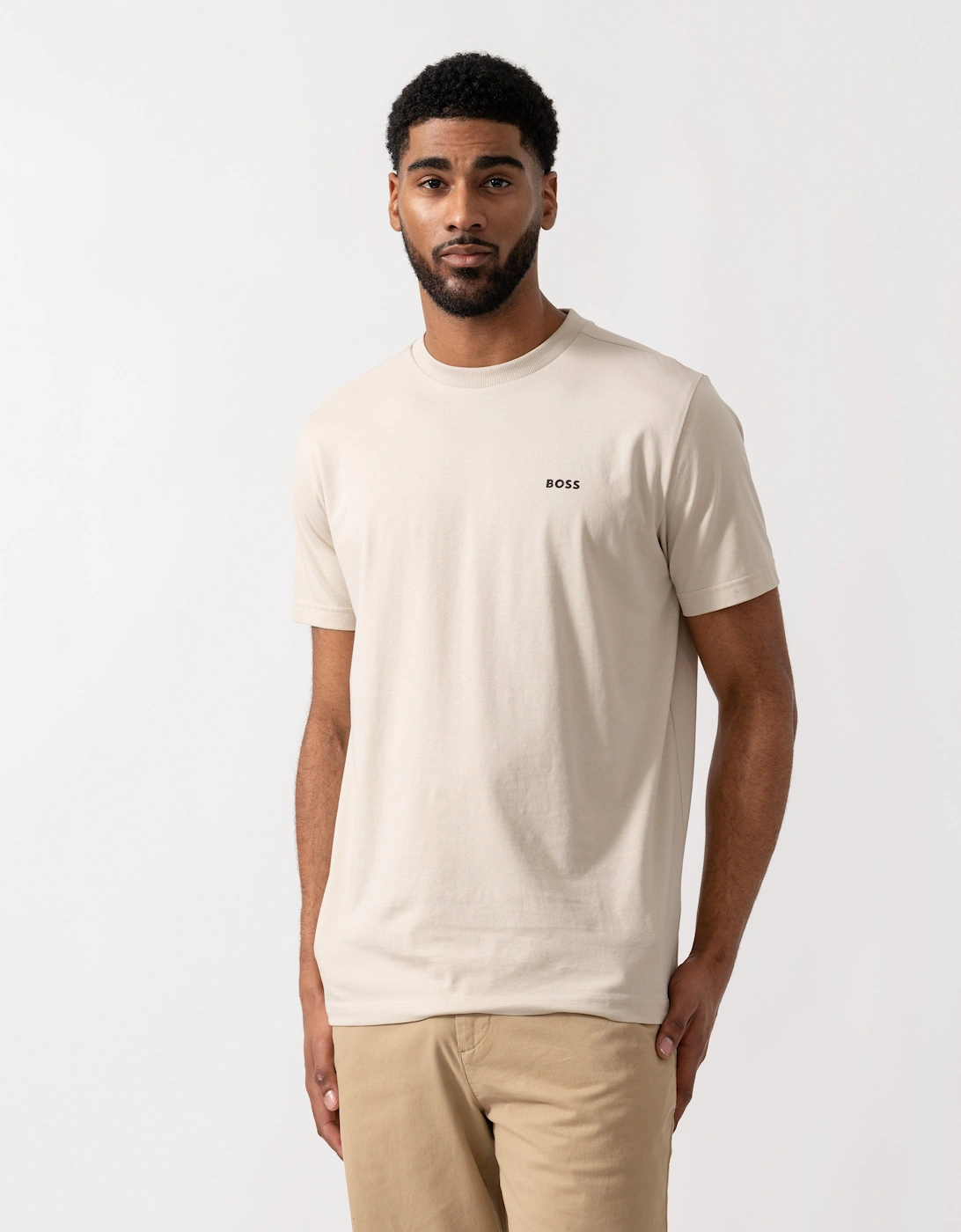 BOSS Green Mens Tee Stretch Cotton T-Shirt with Contrast Logo - Light Beige 275, 5 of 4