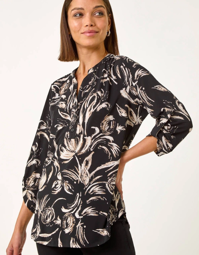 Abstract Print Shoulder Pleat Shirt