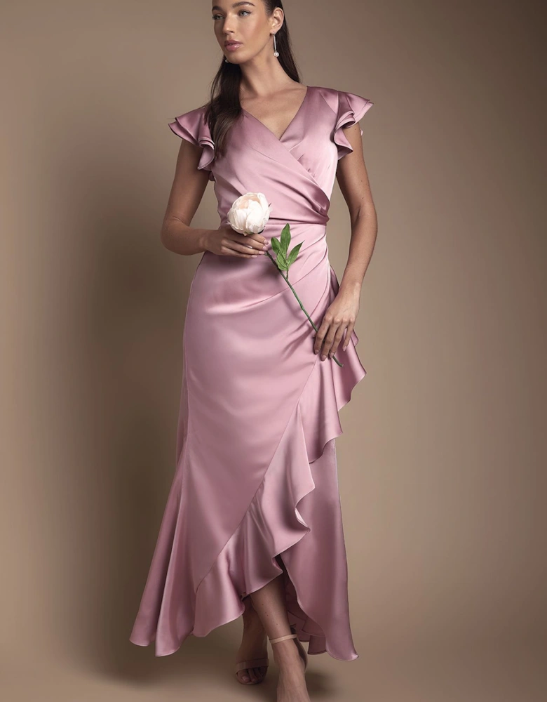 Wrap Front Frill Hem Cap Sleeve Bridesmaid Dress