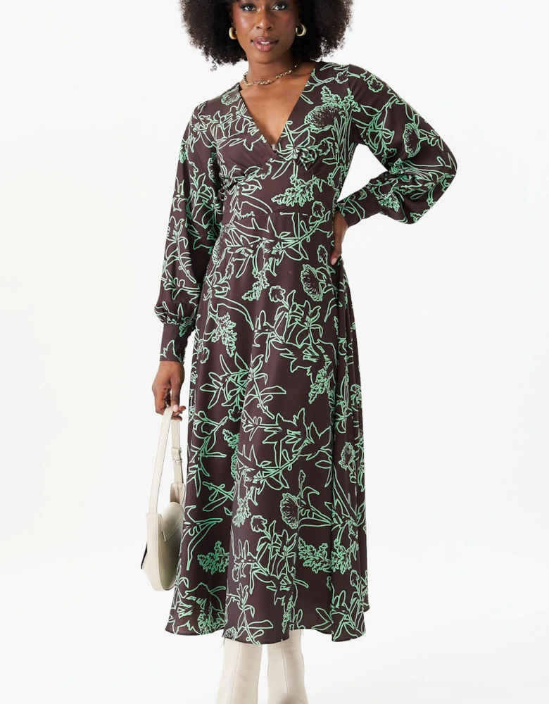 Brown V Neck Long Sleeves Midi Dress