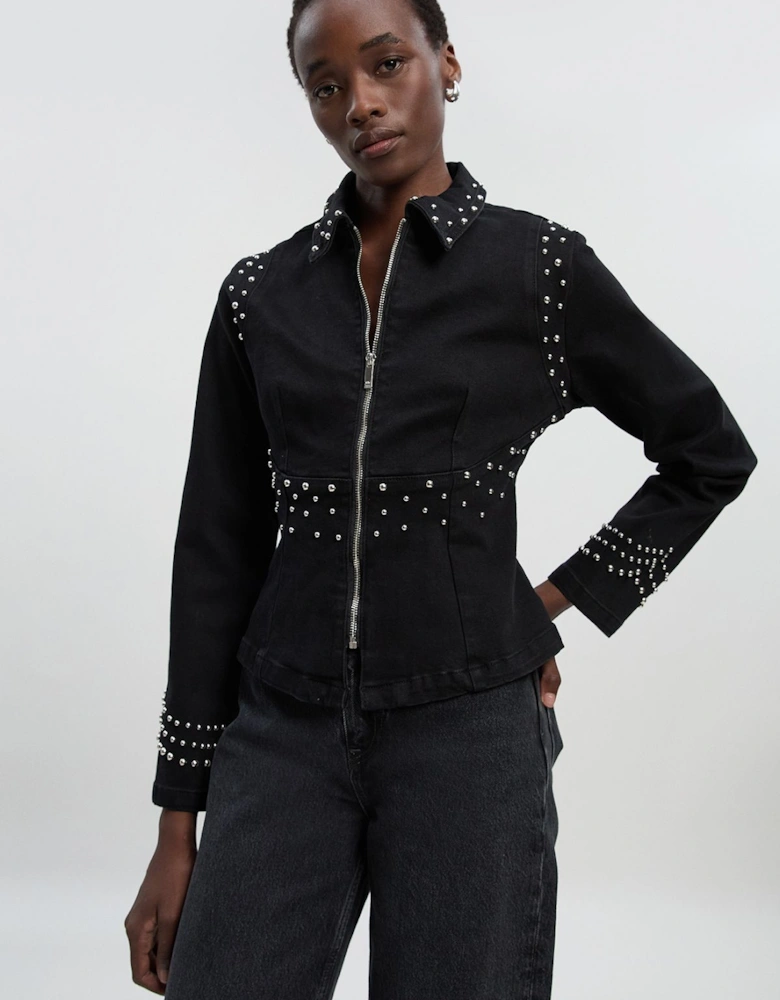 Denim Placed Stud Zip Through Collared Jacket