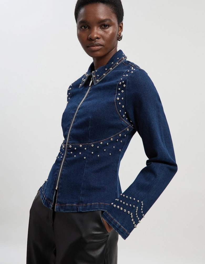 Denim Placed Stud Zip Through Collared Jacket
