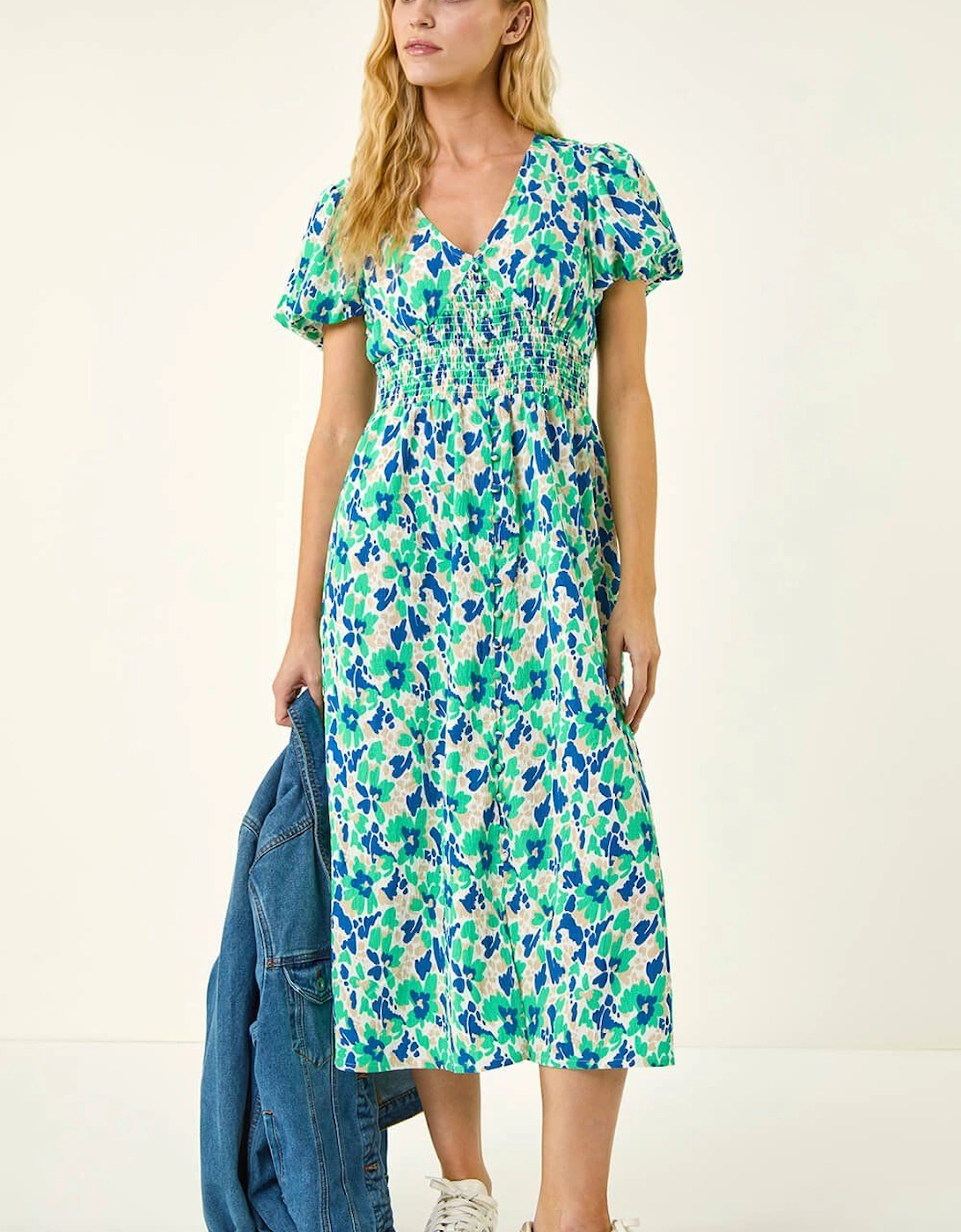 Abstract Shirred Waist Midi Dress, 2 of 1