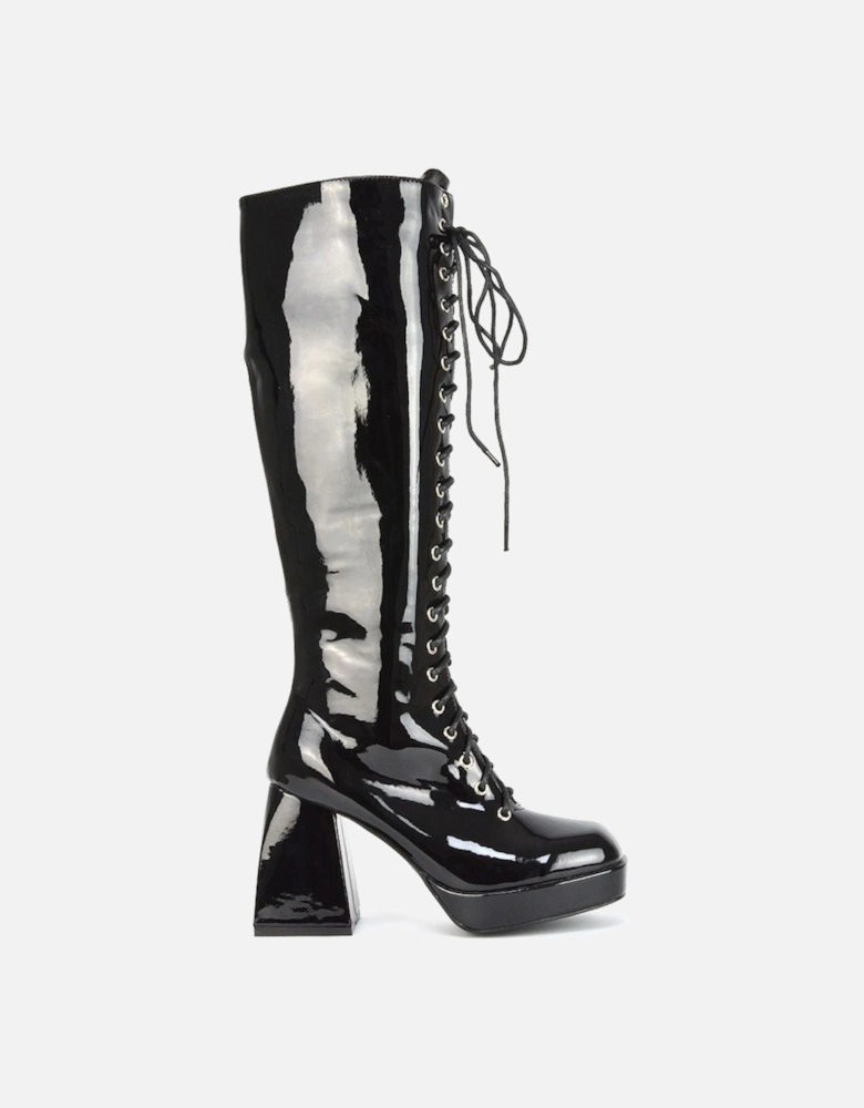 'Love' Chunky Platform Block Heel Knee High Lace up Boots