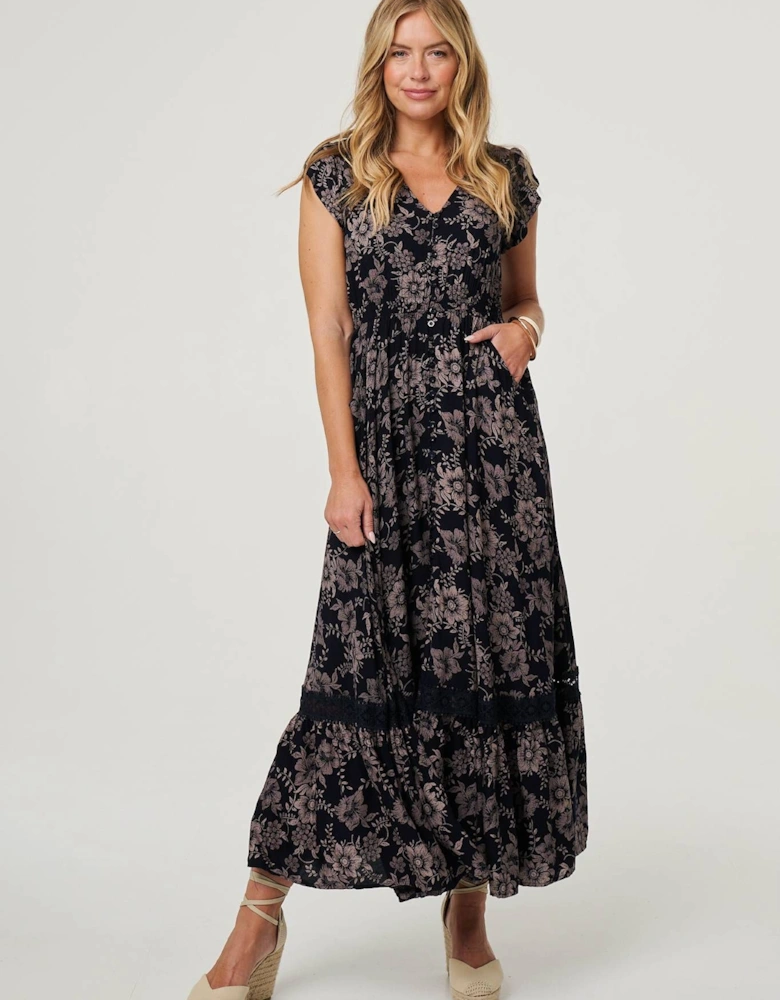 Floral Print Cap Sleeve Lace Maxi Dress