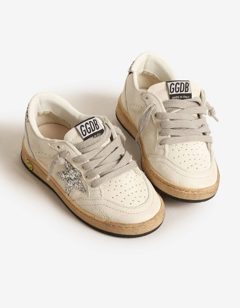 Golden Goose Girls Ballstar Leather and Glitter Star Trainers in White