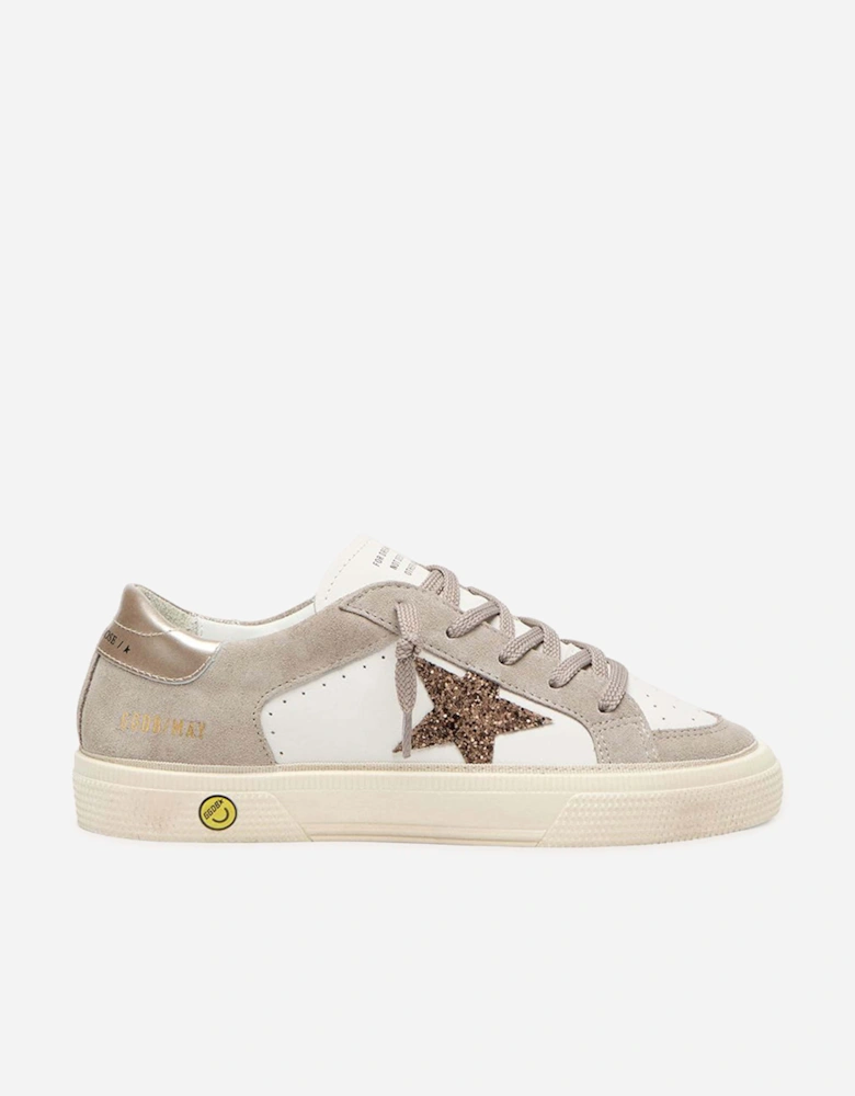 Golden Goose Girls Leather and Glitter Star May Trainers in Beige