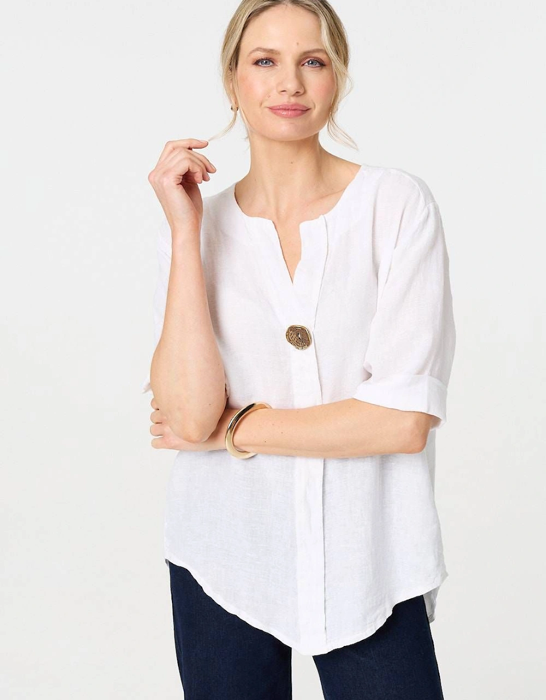 Button Detail 1/2 Sleeve V-Neck Blouse, 2 of 1