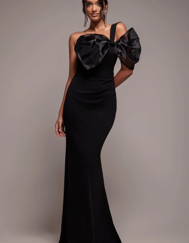 Organza Bow One Shoulder Scuba Crepe Maxi Dress