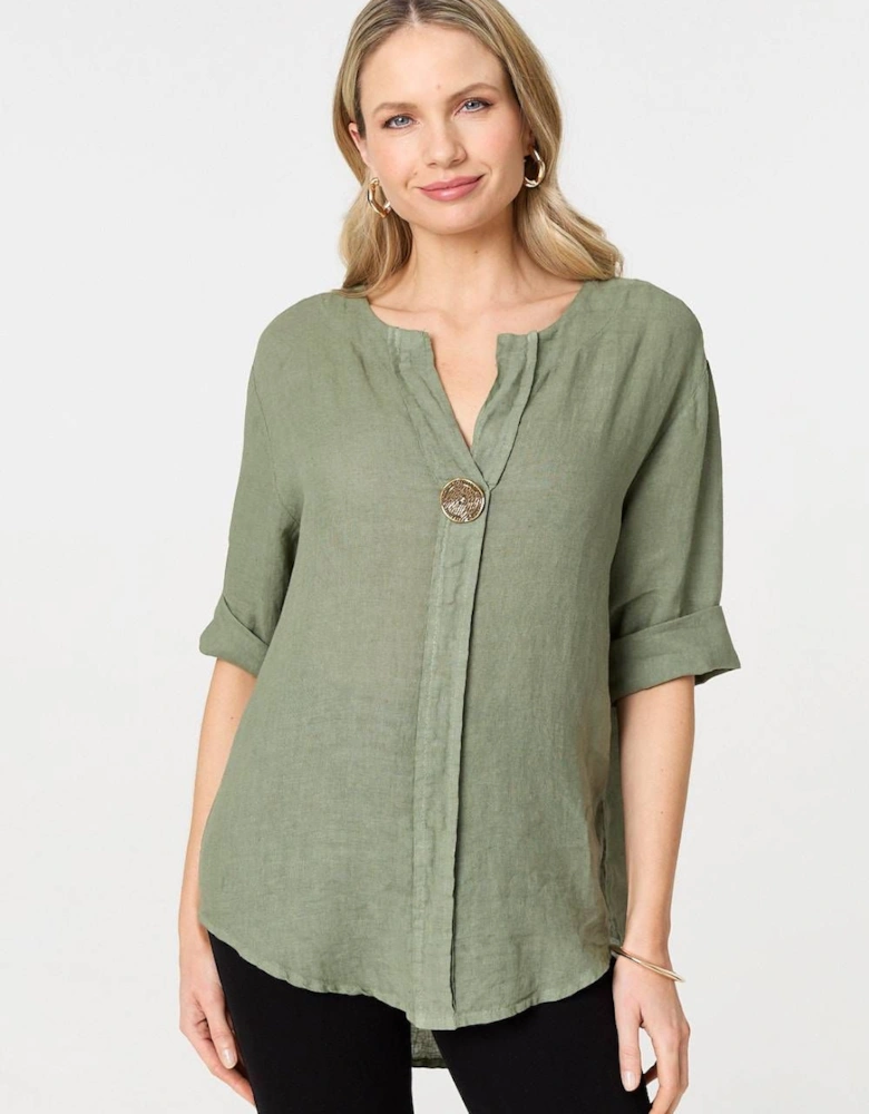 Button Detail 1/2 Sleeve V-Neck Blouse