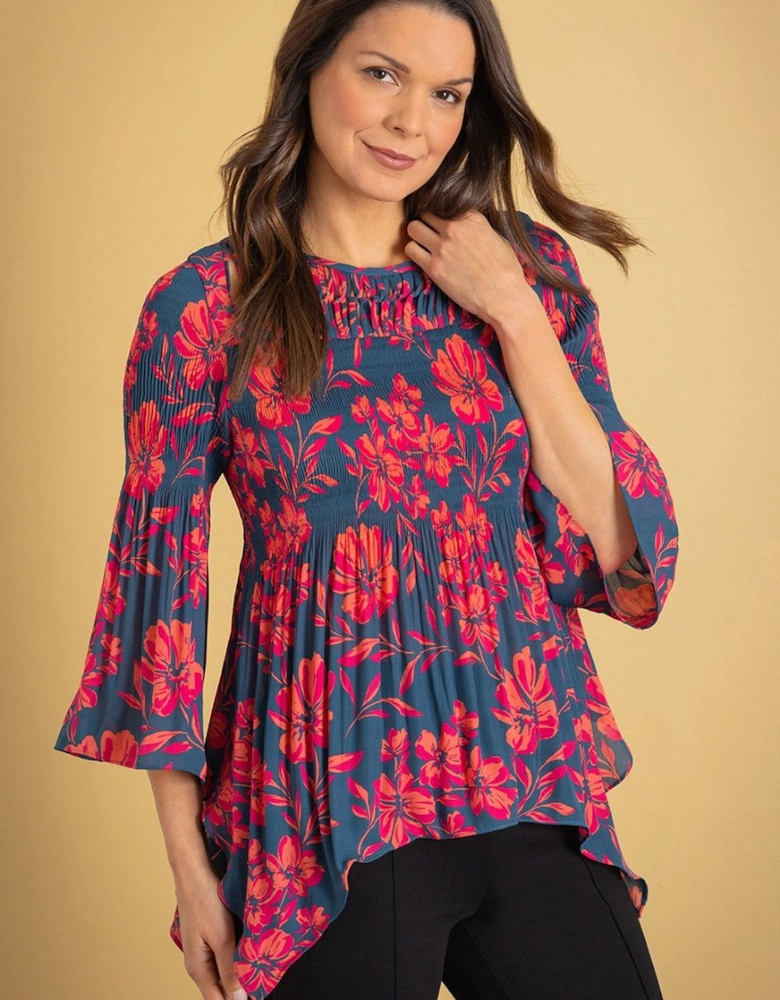 Floral Print Pleated Dip Hem Top