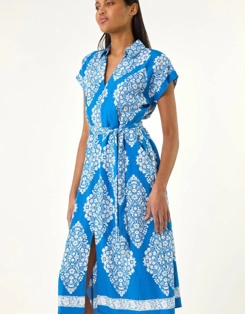 Geometric Print Belted Shirt Midi Dress