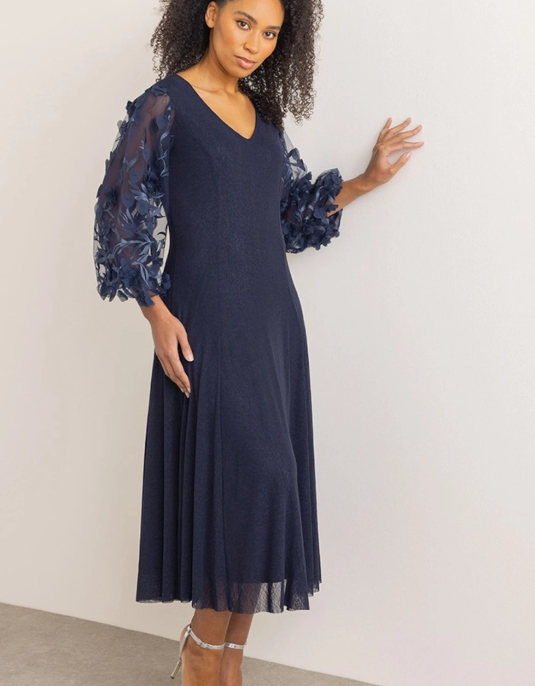 Floral Applique Puff Sleeve Midaxi Mesh Dress