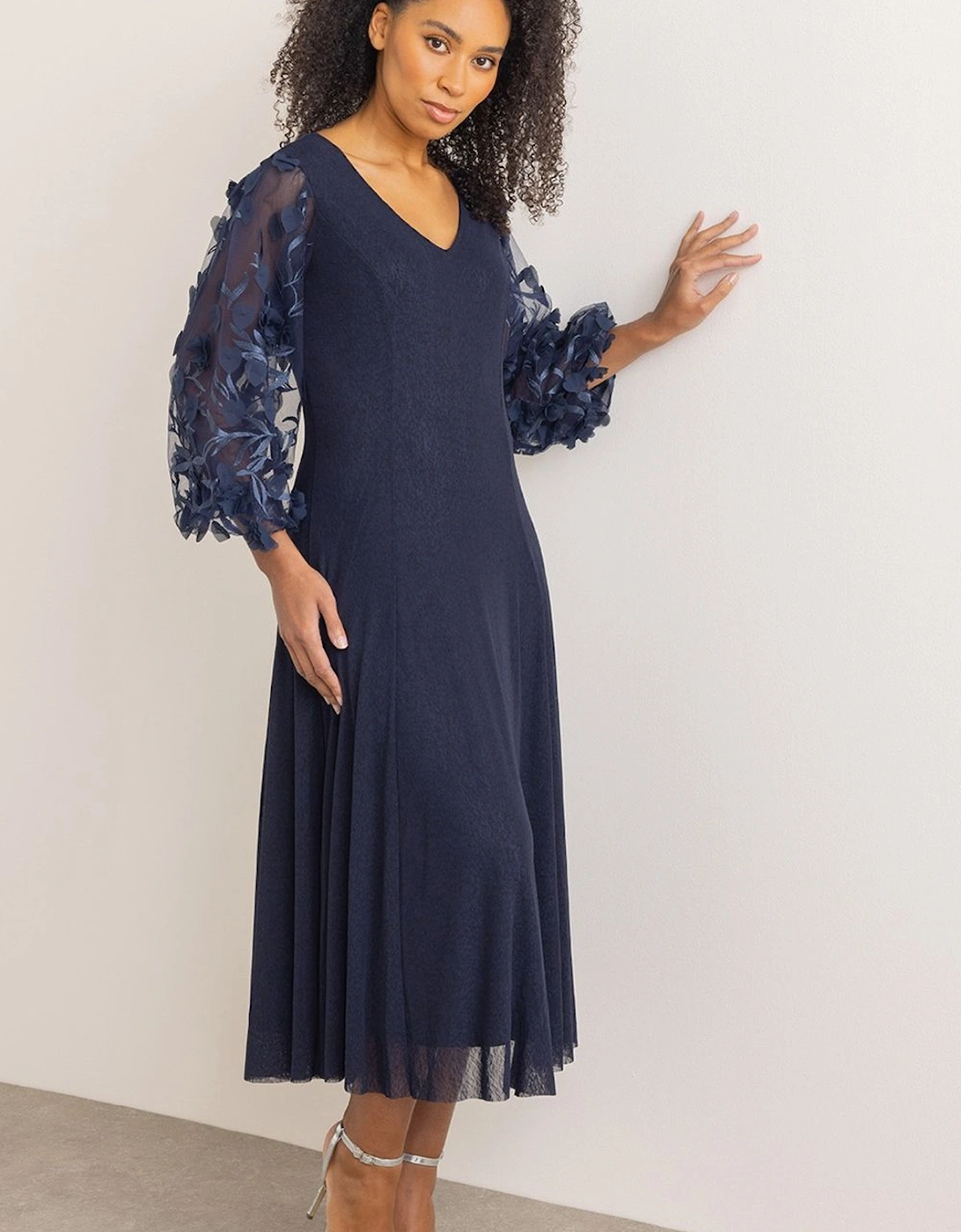 Floral Applique Puff Sleeve Midaxi Mesh Dress, 2 of 1