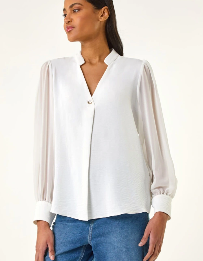 Chiffon Sleeve V-Neck Pleated Top