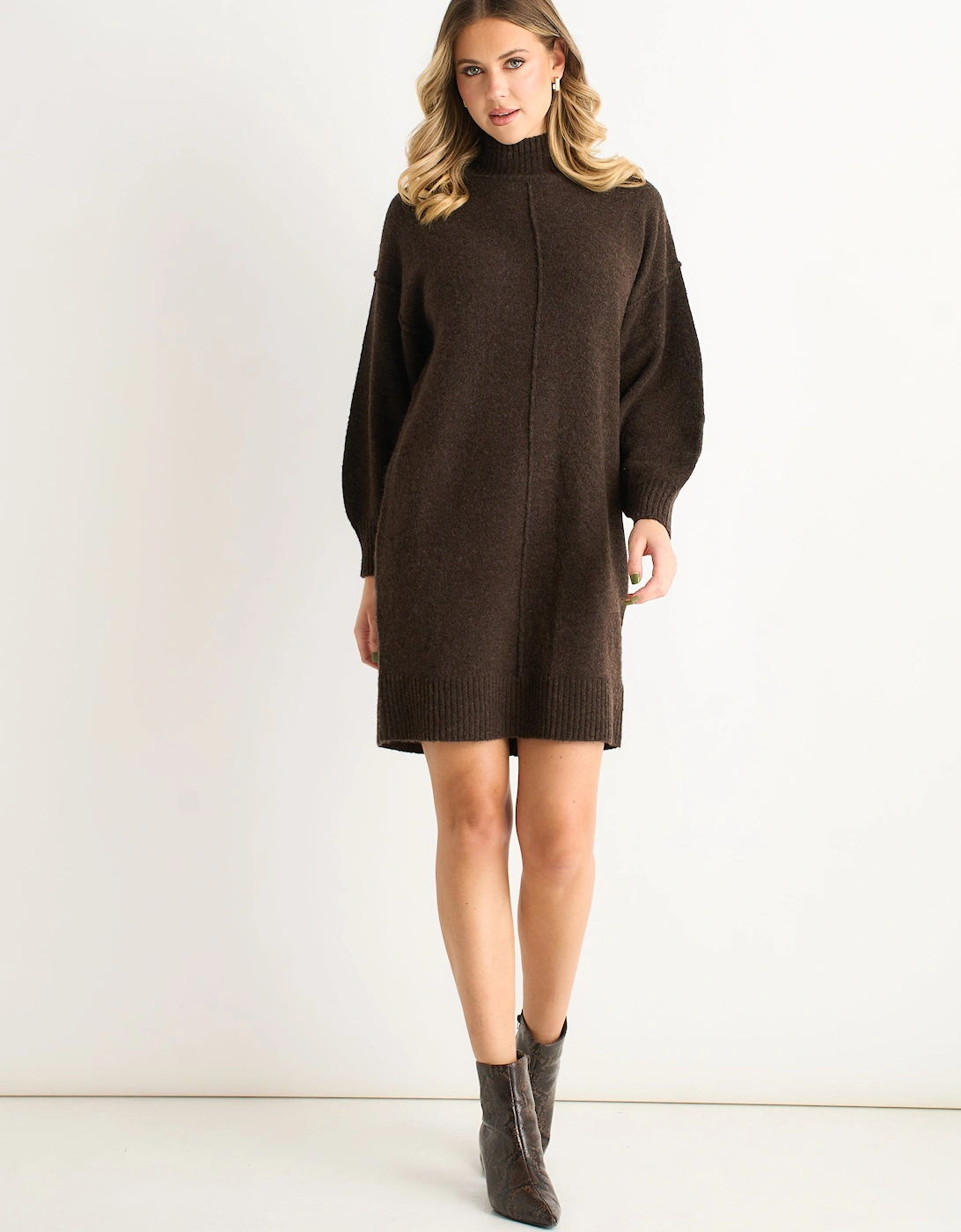 Gini London Women's Brown Crew Neck Knitted Shift Dress - Size: 8/10