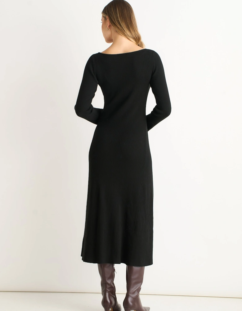 Black Slash Neck Knitted Fit & Flare Dress