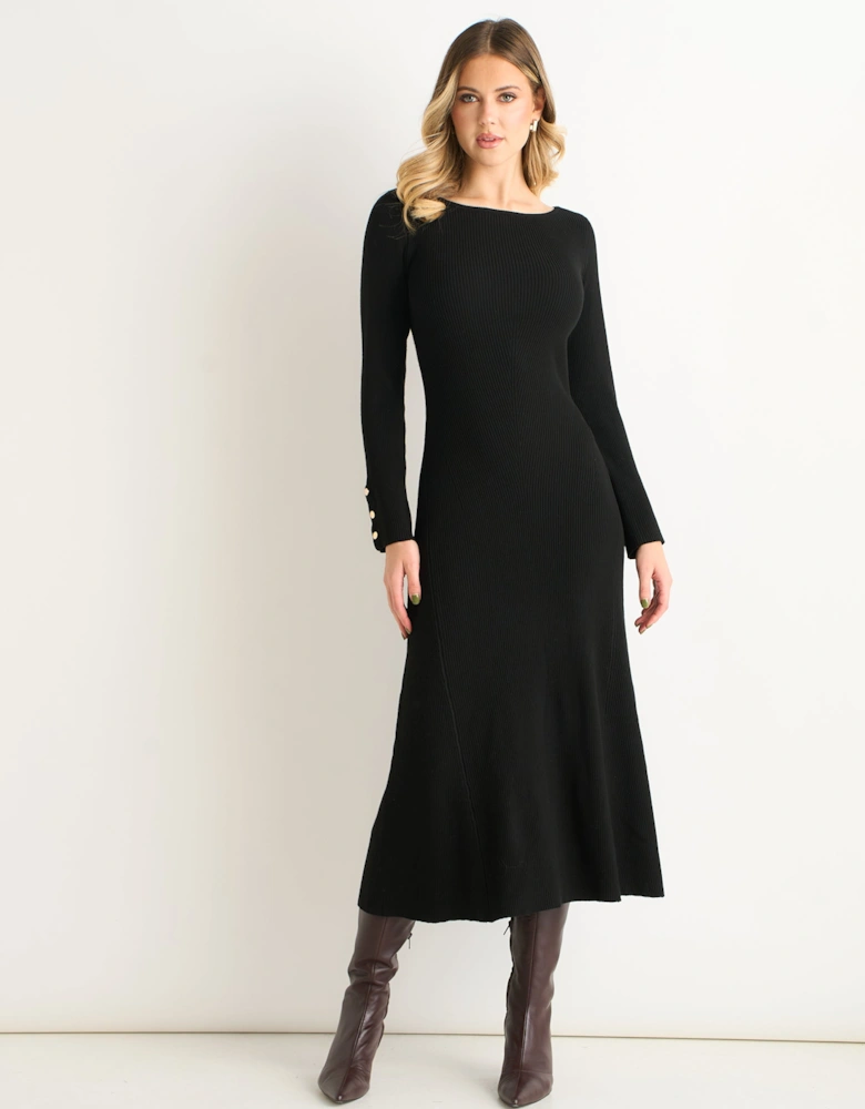 Black Slash Neck Knitted Fit & Flare Dress