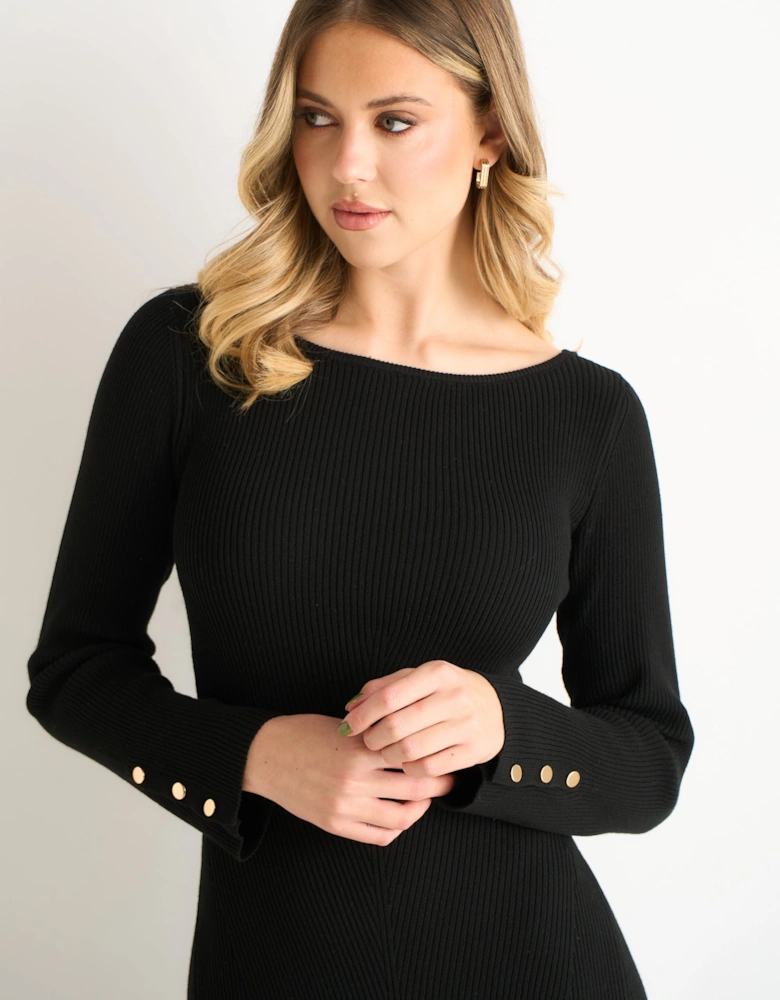 Black Slash Neck Knitted Fit & Flare Dress