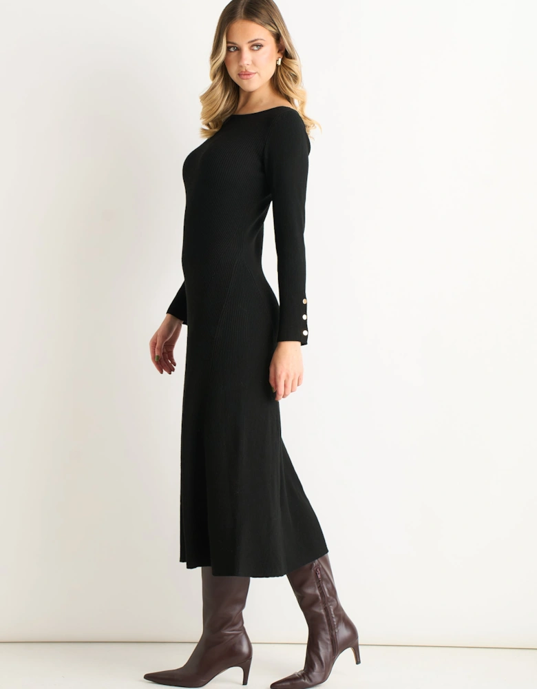 Black Slash Neck Knitted Fit & Flare Dress
