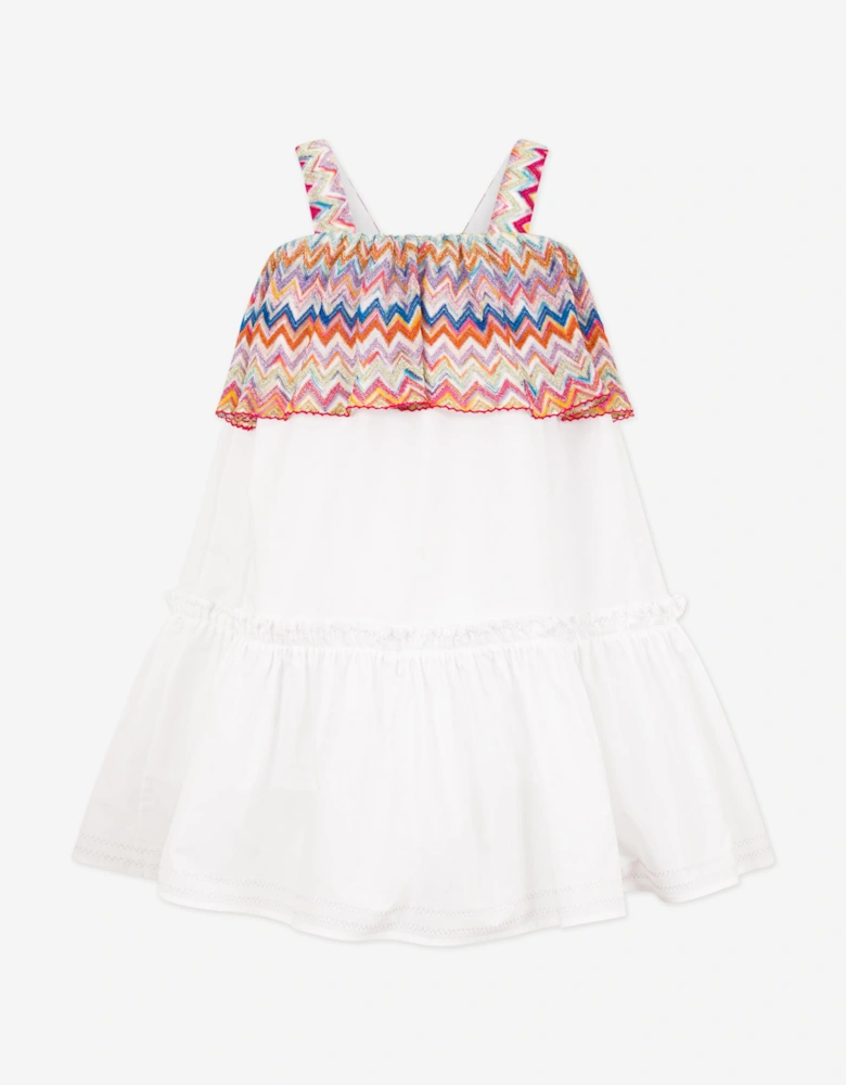 Girls Zigzag Trim Cotton Dress in White