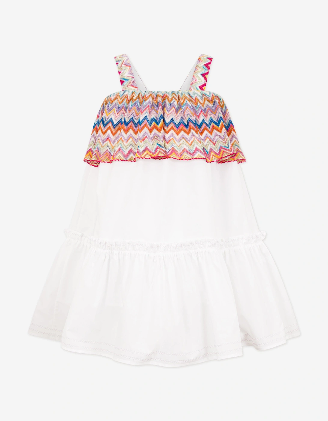 Girls Zigzag Trim Cotton Dress in White