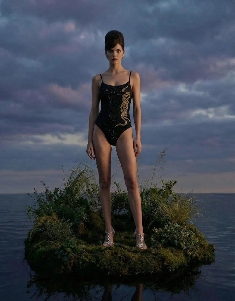 × Bárbara Hulanicki Serpentina Noir Scoop Neck One-Piece Swimsuit