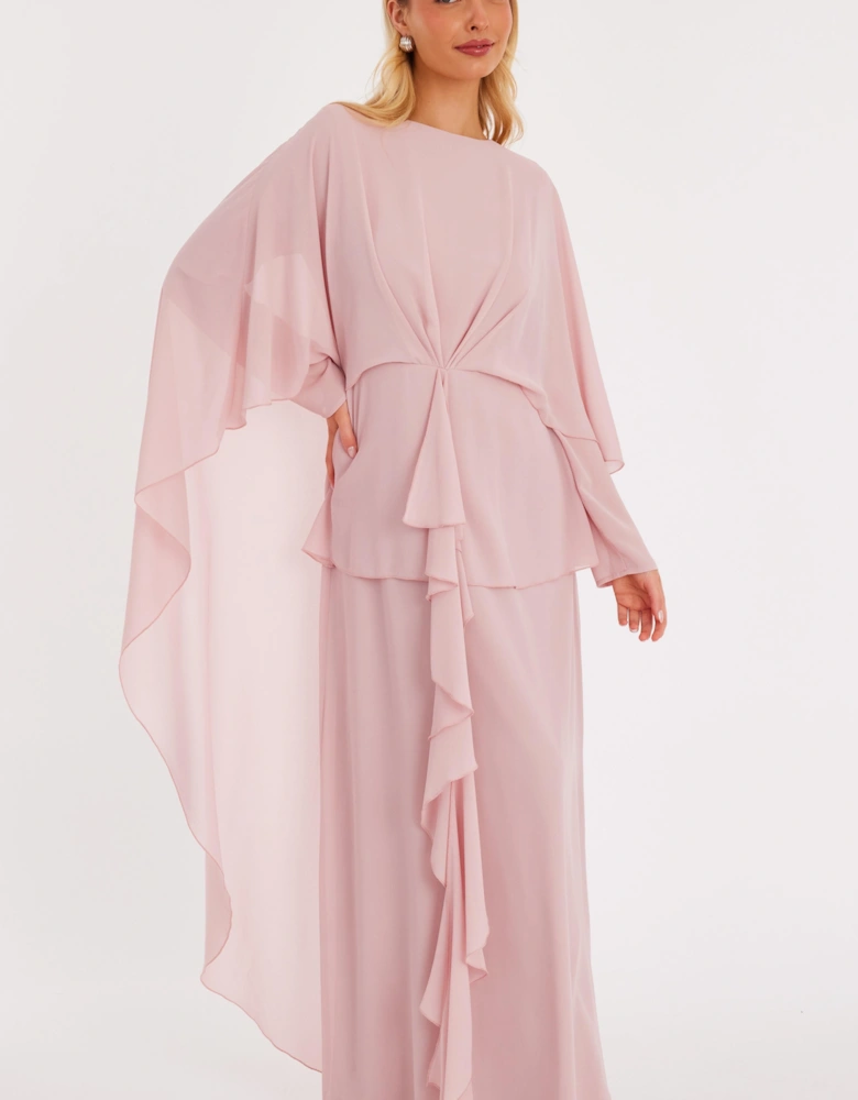 Pale Pink Chiffon Frill Maxi Dress