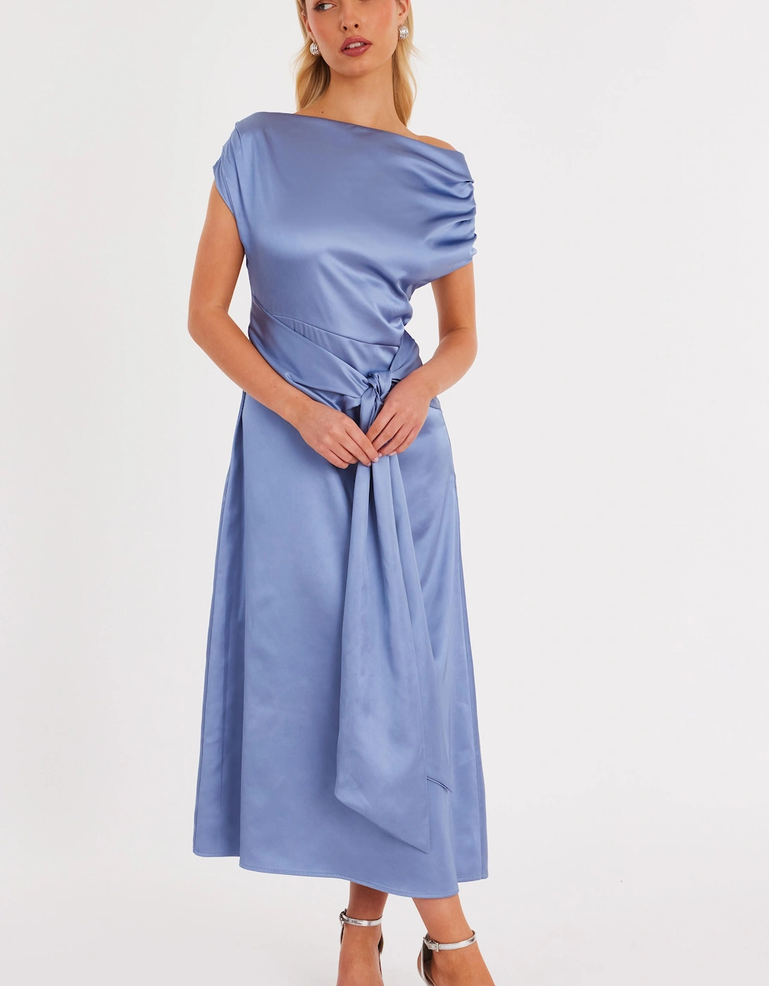 Blue Satin Knot Front Midaxi Dress, 2 of 1