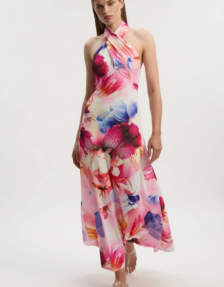 Abstract Floral Printed Jersey Crepe Twist Neckline Maxi Dress