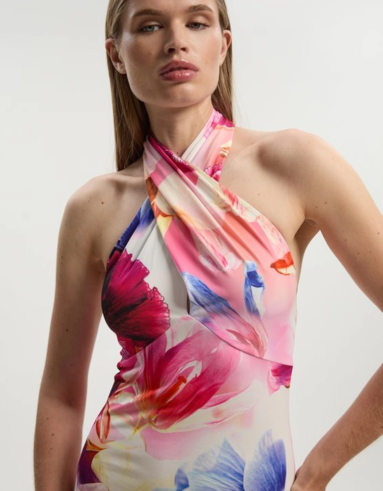 Abstract Floral Printed Jersey Crepe Twist Neckline Maxi Dress