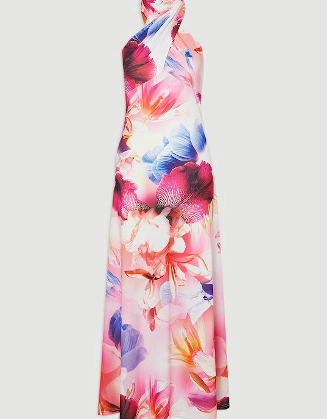 Abstract Floral Printed Jersey Crepe Twist Neckline Maxi Dress