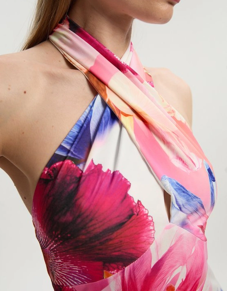 Abstract Floral Printed Jersey Crepe Twist Neckline Maxi Dress