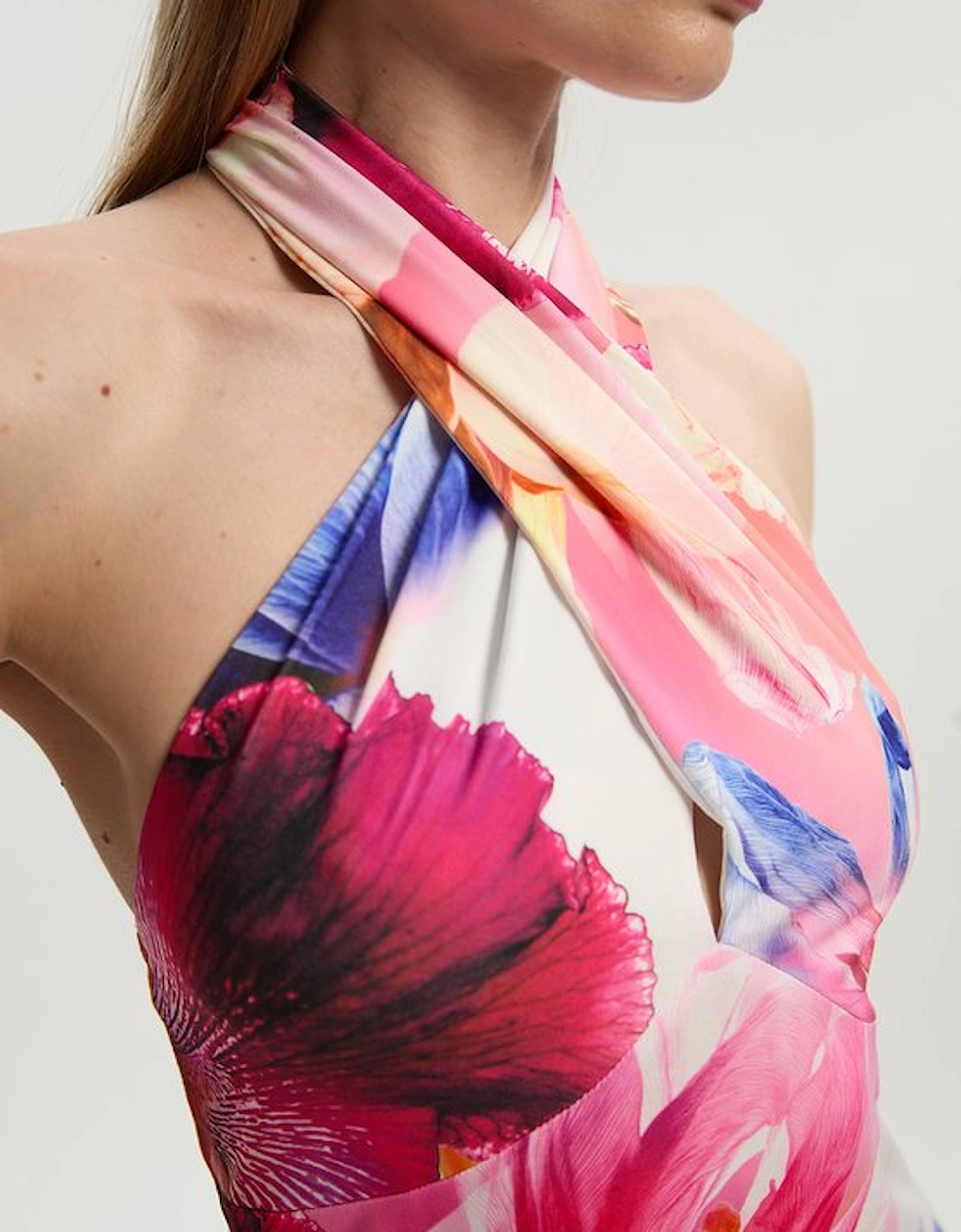 Abstract Floral Printed Jersey Crepe Twist Neckline Maxi Dress