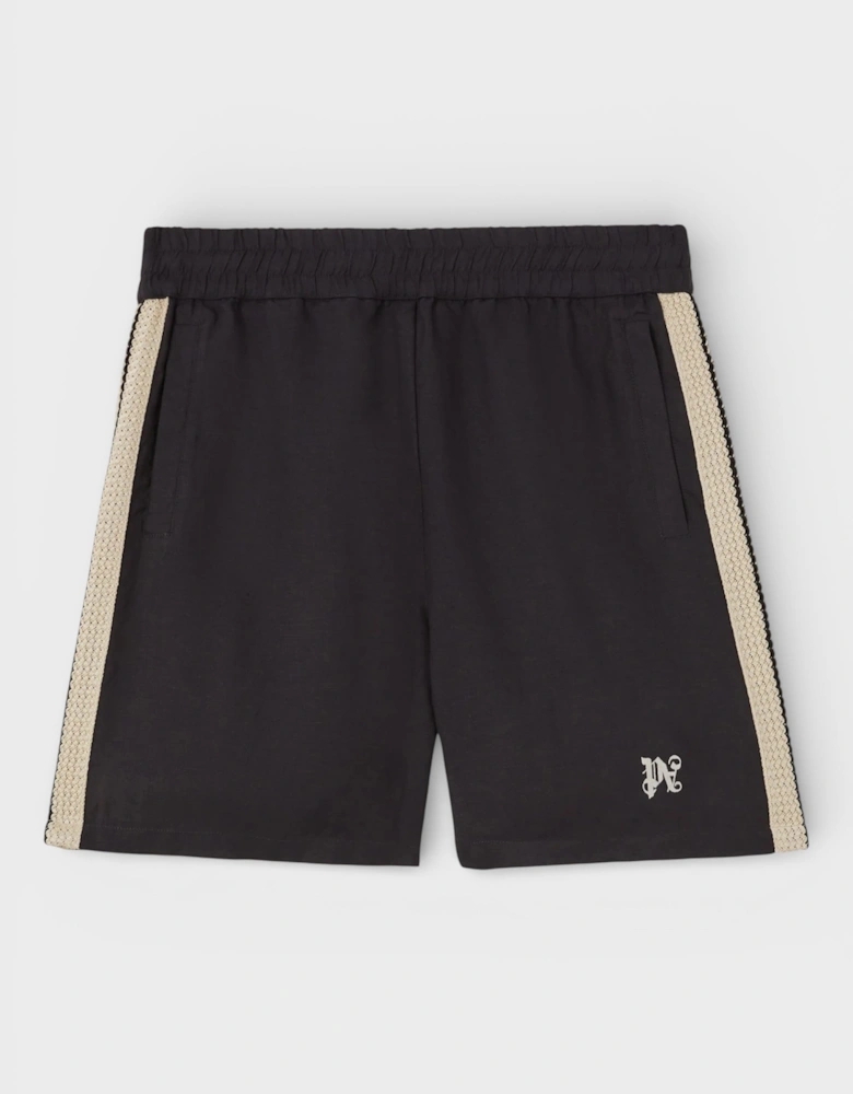Monogram Embroidered Linen Shorts Black