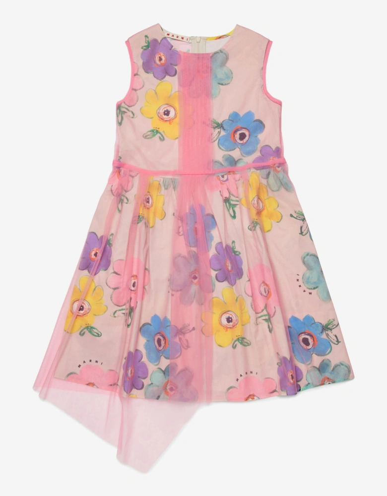 Girls Flower Print Sleeveless Dress in Pink