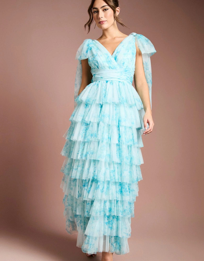 Printed Ruffle Mesh Maxi Dress