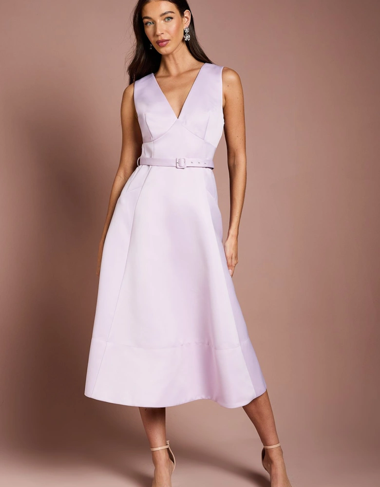 V Neck Structured Satin Belted Midi Dress