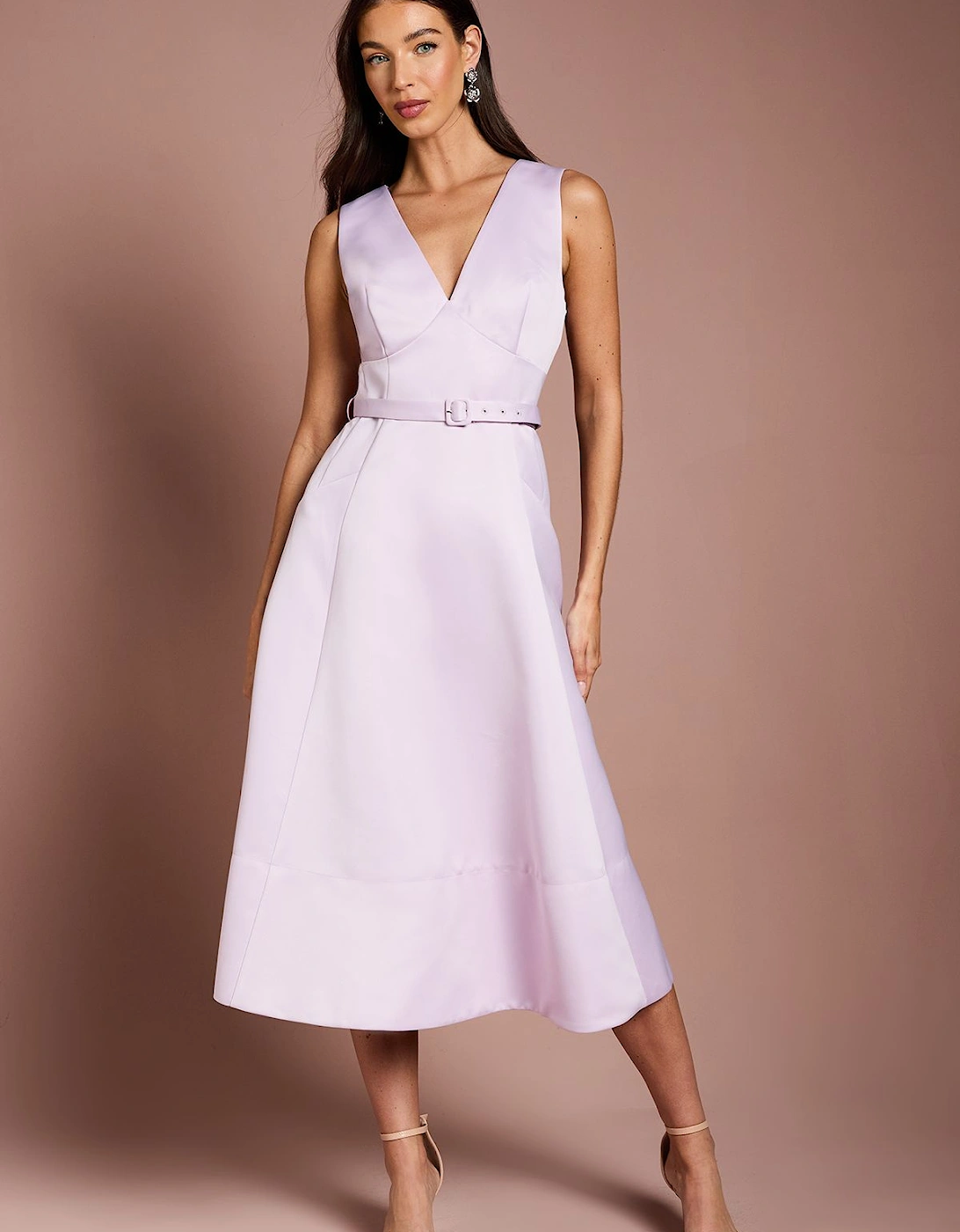 V Neck Structured Satin Belted Midi Dress, 2 of 1