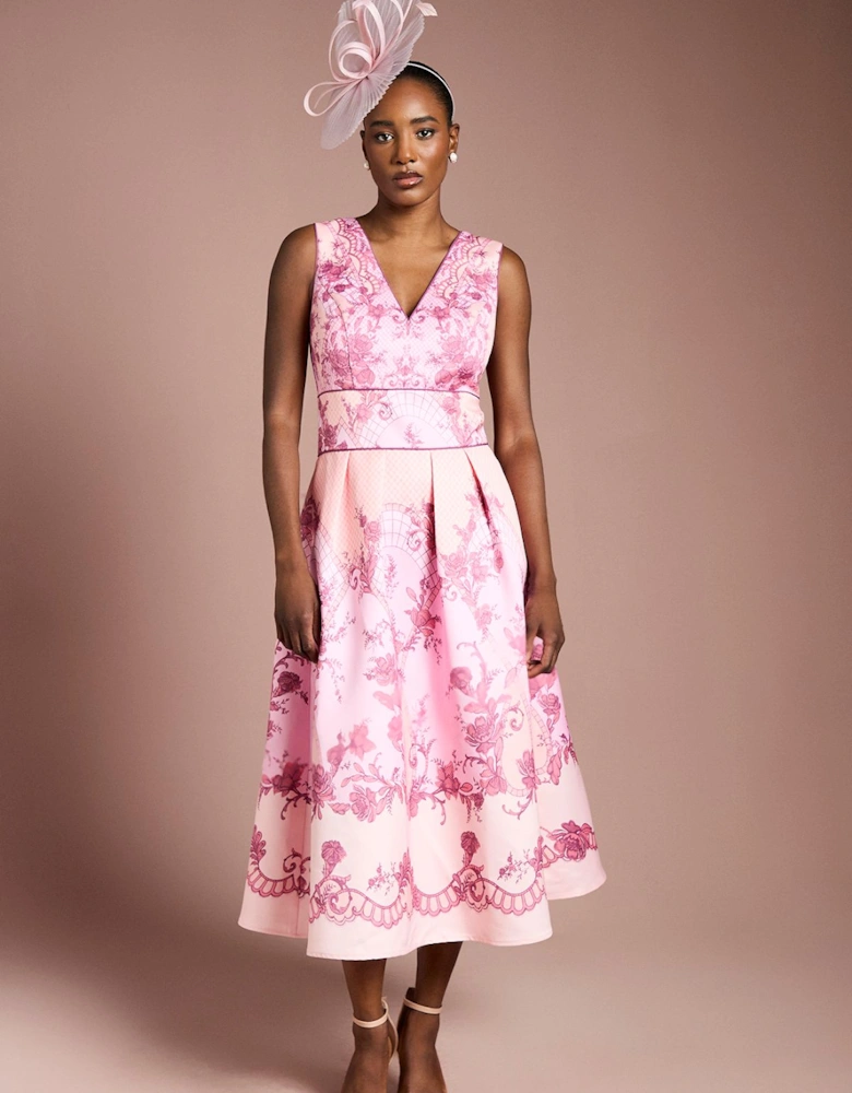 V Neck Structured Satin Placement Print Midi Dress