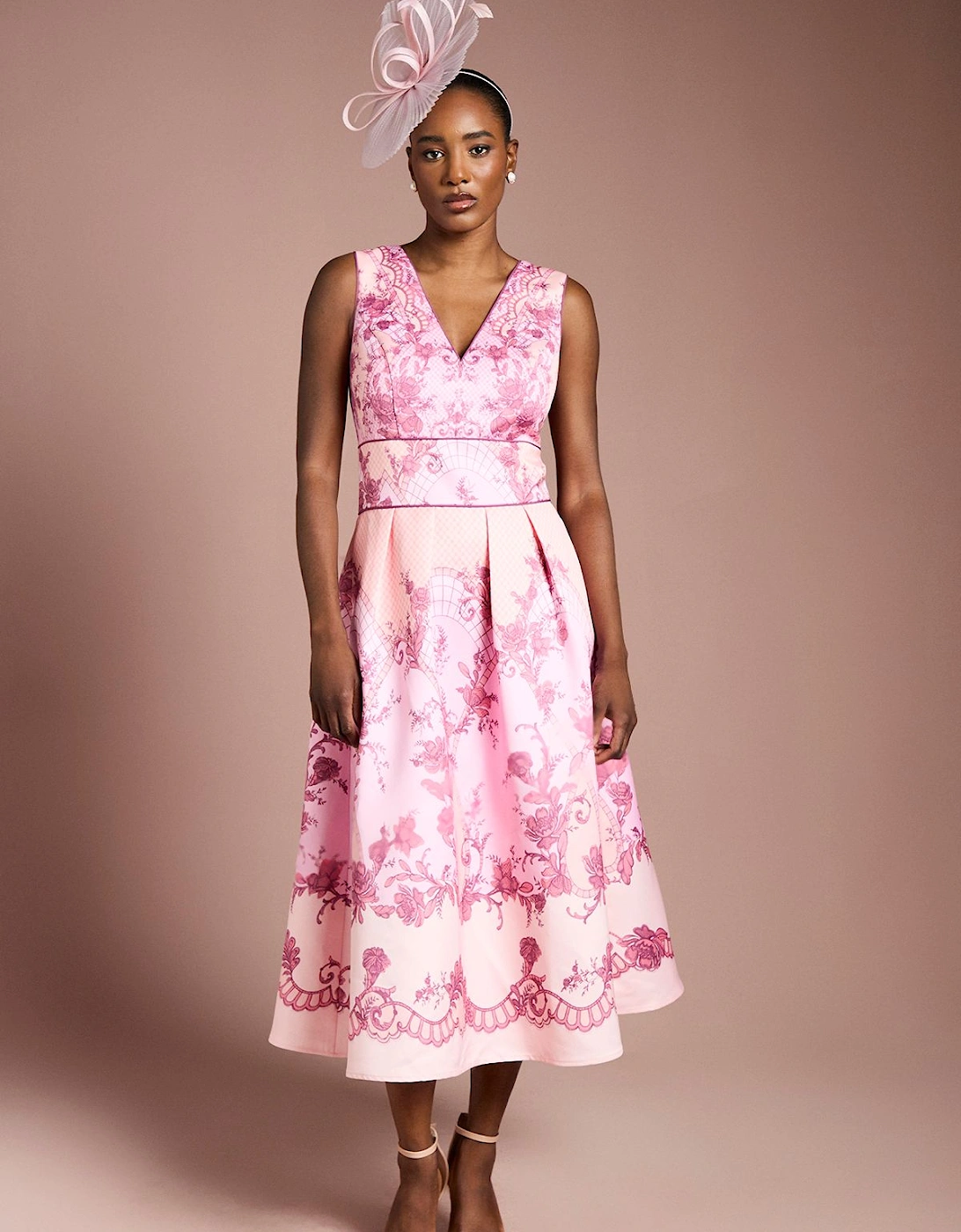 V Neck Structured Satin Placement Print Midi Dress, 2 of 1