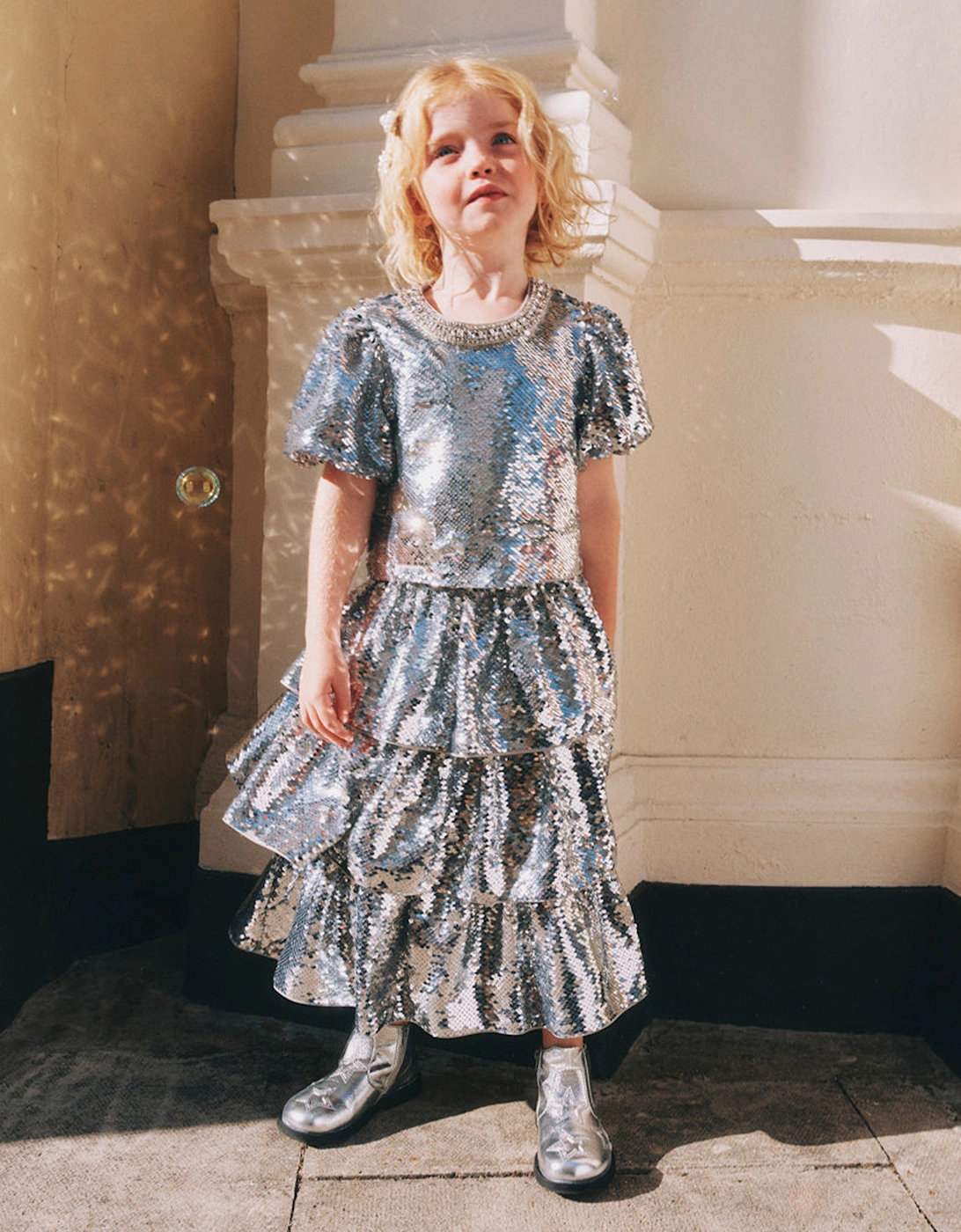 Girls Sequin Tiered Skirt in Silver