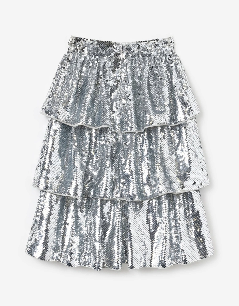 Girls Sequin Tiered Skirt in Silver