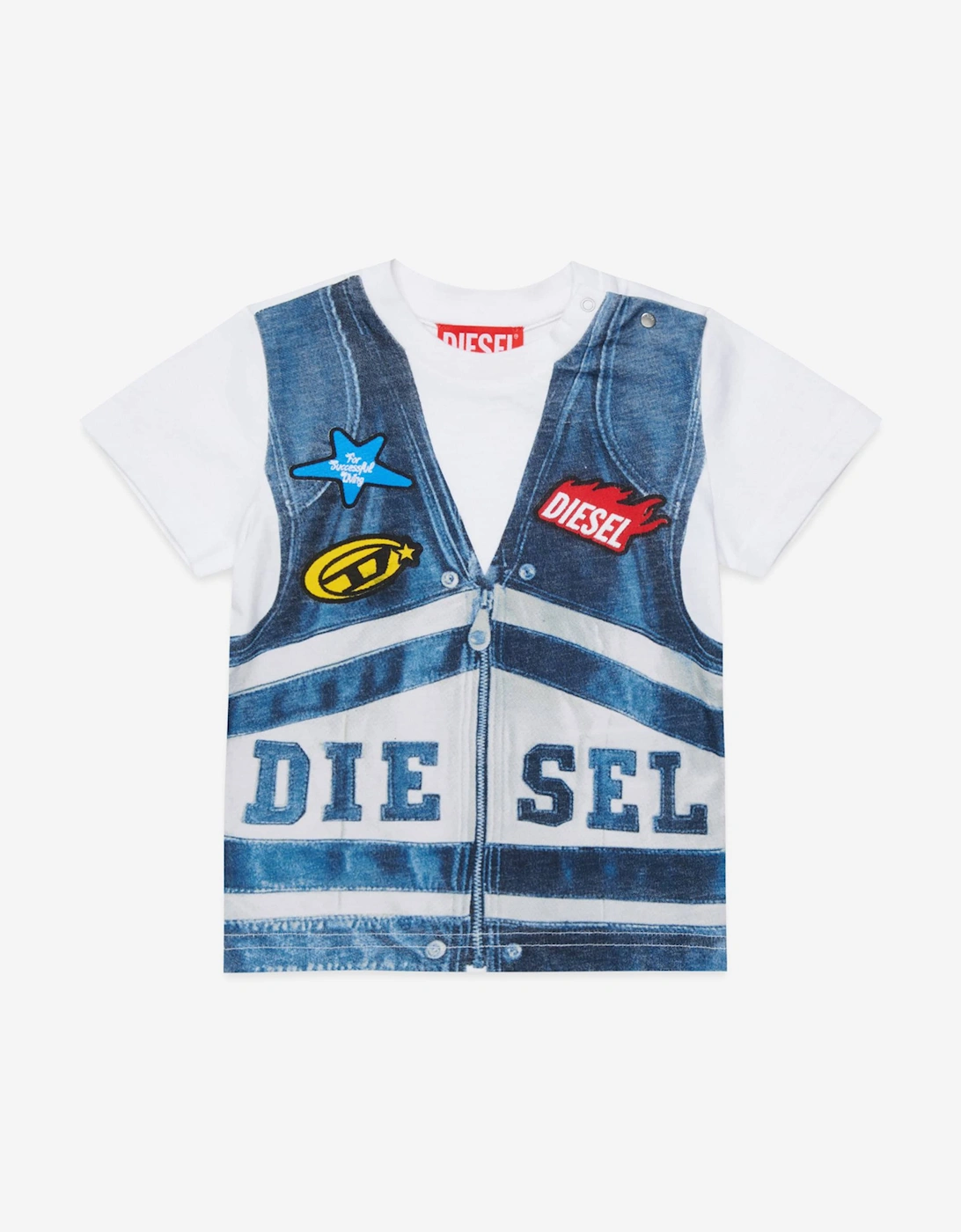 Baby Boys Denim Vest Print T-Shirt in White, 5 of 4