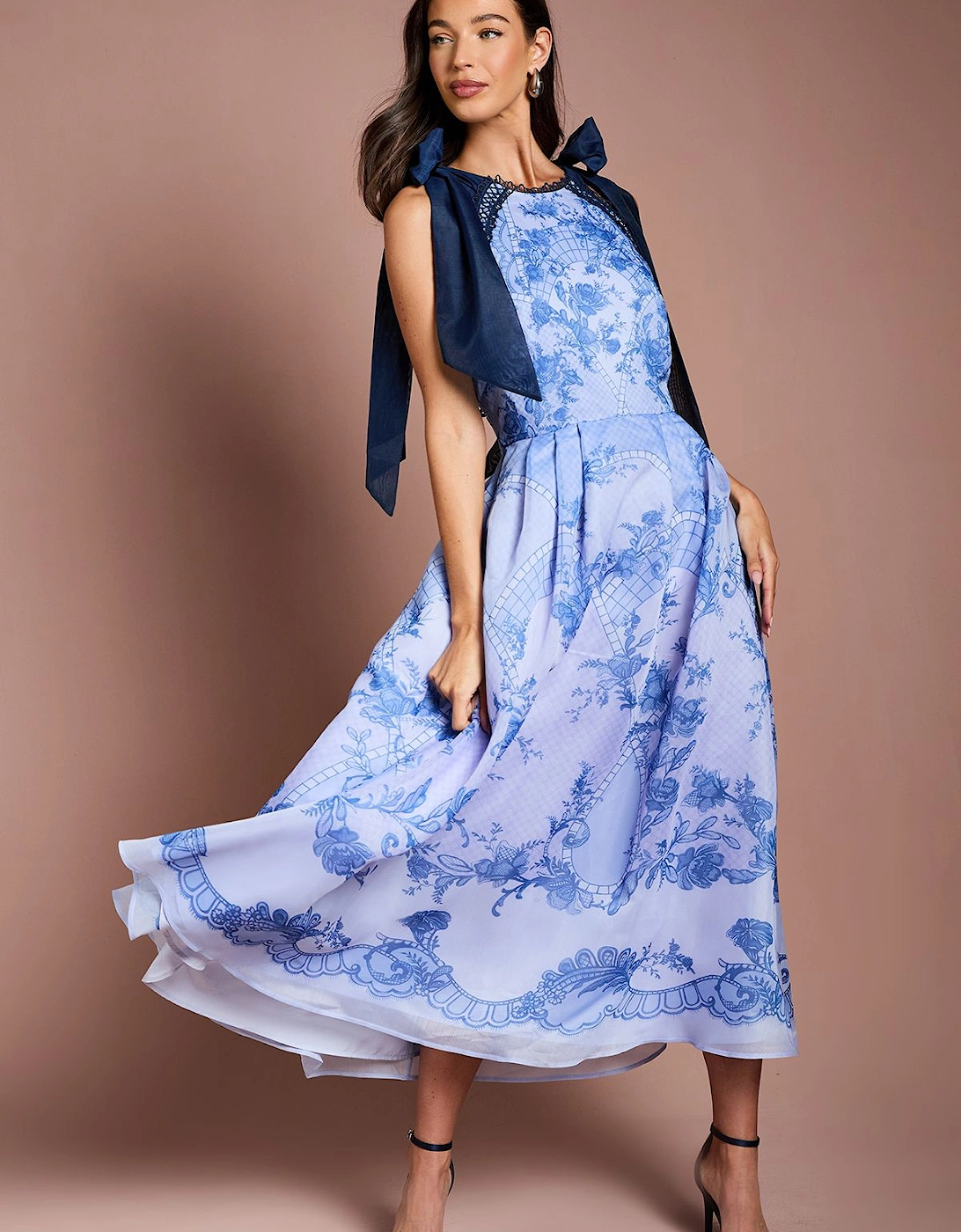 Halter Neck Bow Shoulder Placement Print Organza Midi Dress, 2 of 1